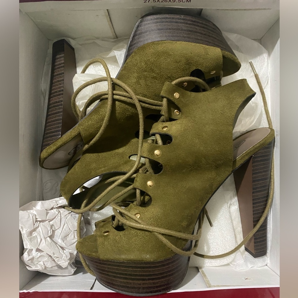 Olive green suede strappy heels